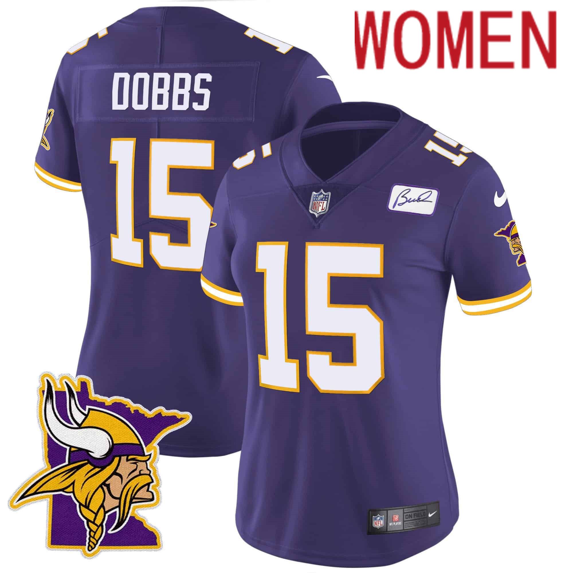 Women Minnesota Vikings 15 Dobbs Purple 2024 Nike Patch Classic Limited NFL Jersey style 2